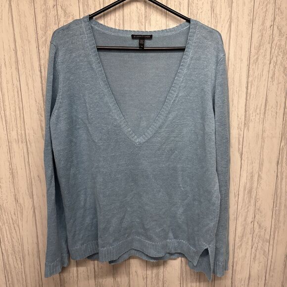 Womens Size S Eileen Fisher Oversized Deep V Neck Linen Sweater Blue EUC - Picture 1 of 6